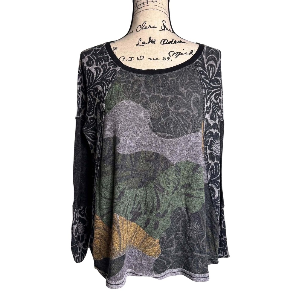 Desigual Mixed Print Long Sleeve Knit Top Sz L Grey Green Abstract 67T24Q8